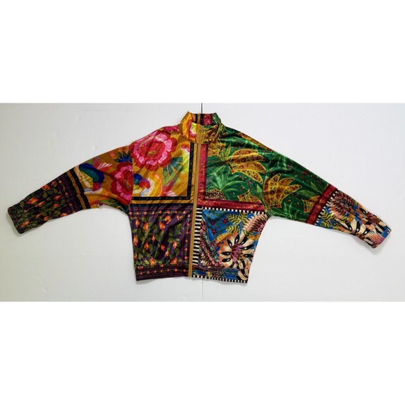 FARM Rio "Mixed Scarves" Velour Bomber Jacket Women's S Tropical Patchwork - Picture 7 of 16